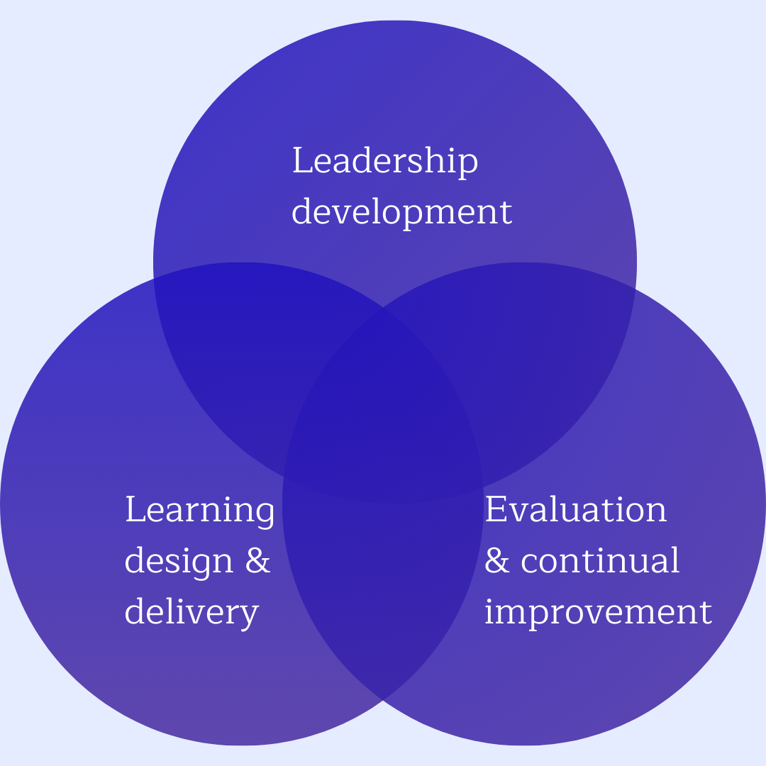 A venn diagram showing three overlapping themes: leadership development, learning design and delivery, evaluation and continual improvement